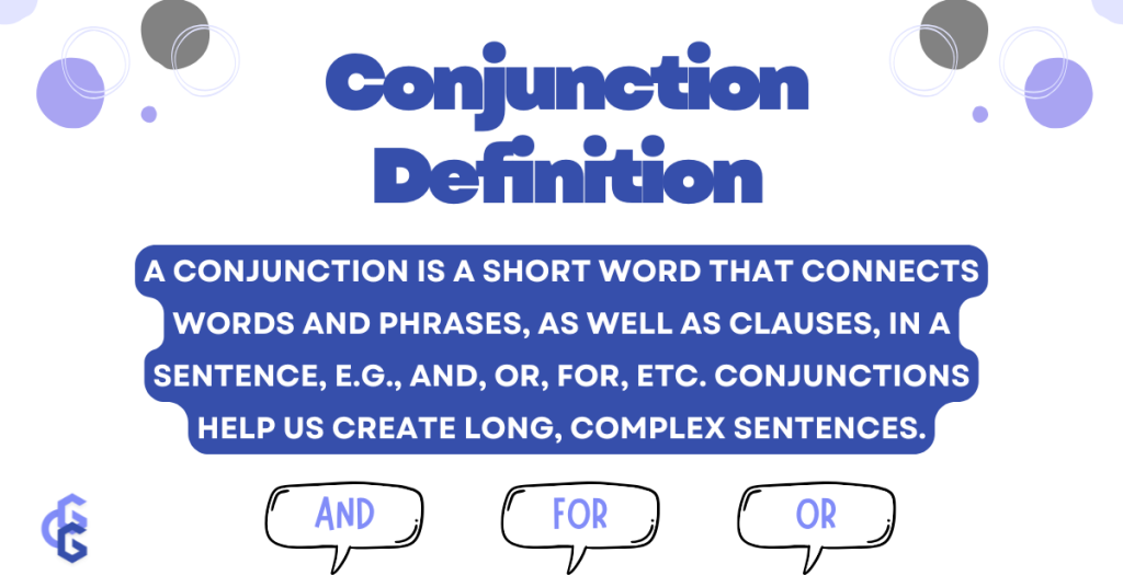 This image shows a clear and concise definition of "conjunction" as a part of speech in grammar. The definition explains that conjunctions are short words that connect words and phrases, such as "and," "or," and "for." High contrast, visible, with examples given in speech bubbles, visually engaging.