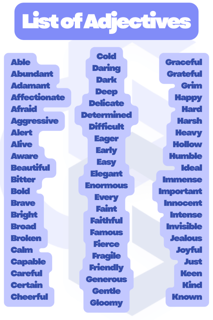 This image shows a list of adjectives, organized in three columns, displayed in an easy-to-view color combination. The list contains adjectives like able, abundant, affectionate, cold, daring, graceful, and so on.